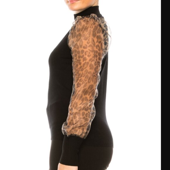 SALE! new SIONI Sheer Leopard Sleeve Black Wool Blend Mock Neck Top 252 - Picture 8 of 8